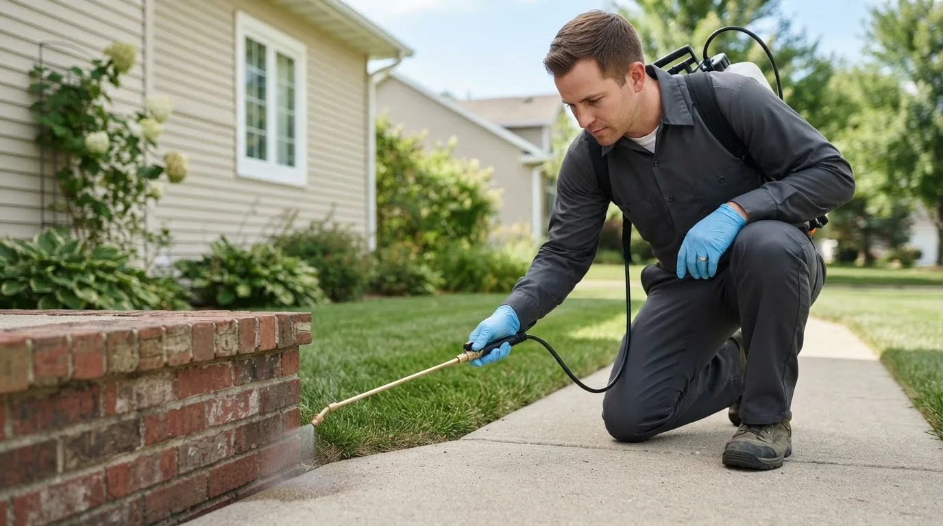 Pest control technician treating a home near Brook, IN